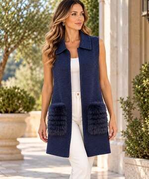 Kobi Halperin XXL 100% Wool Sweater Vest Navy Blue Genuine Fox Fur Pockets